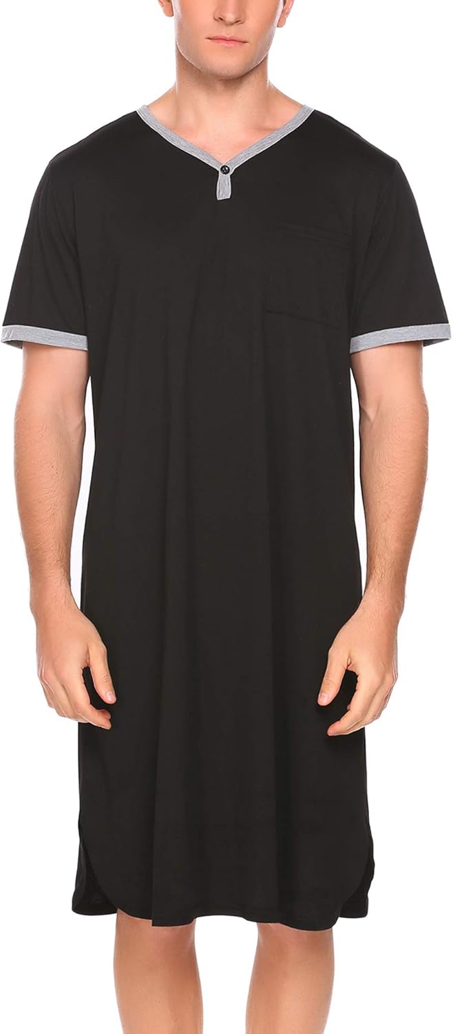 Ekouaer Men’s Nightshirt Nightwear Comfy Big&Tall Short Sleeve Henley