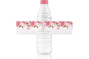 URROMA Wedding Water Bottle Labels Thank You, 50 Pcs Pink Rose Flower Water Bottle Wraps Floral Wraparound Labels Water Bottle Stickers for Birthday Bride Shower
