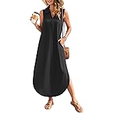 WNEEDU Summer Dresses for Women 2025 Maxi Dresses Casual Collared V-Neck Sleeveless Sundresses Split Beach Vacation Outfits