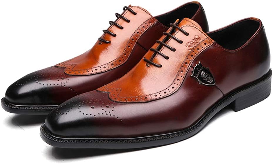 Mens Genuine Leather Dress Shoes Wing Tipped Pointed Toe Classic Brogue Oxfords Lace-Up Zip Oversized Shoes 15 Man