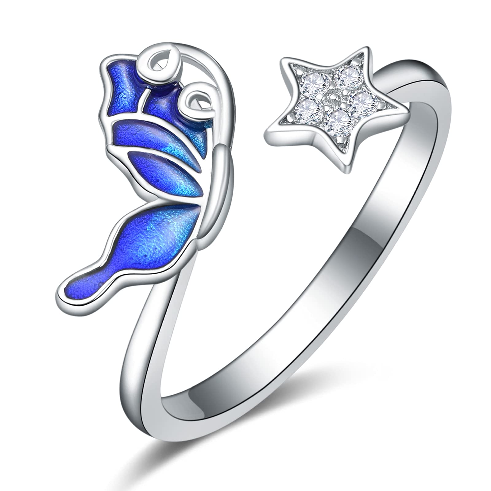praymos Adjustable Blue Butterfly Rings 925 Sterling Silver Ring Opening for Women Cubic Zirconia Open Ring Silver Butterfly Rings with Jewellery Gift Box