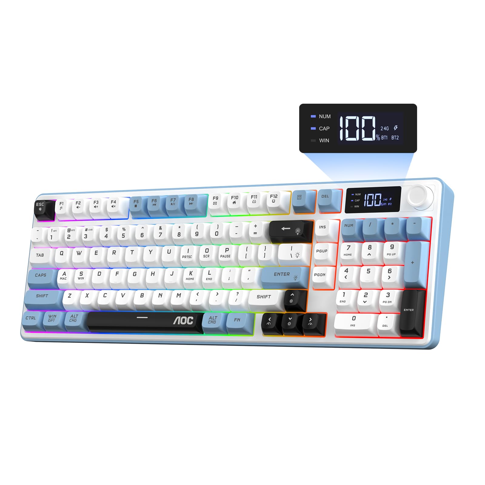 AOC GK210 Wireless Gaming Keyboard with Display & Knob, Tri-Mode BT5.0/2.4GHz/Wired Connectivity RGB Backlit Keyboard with Number Pad, 98-Key Layout, 26-Key Anti-Ghosting, Compatible for Mac, Windows