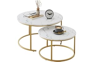Azheruol 29.5" Nesting Coffee Table, Large White Faux Marble Gold Side Table Set of 2, Steel Frame Circular and Round Wooden Tables, Living Room Bedroom Apartment Modern for Small Place