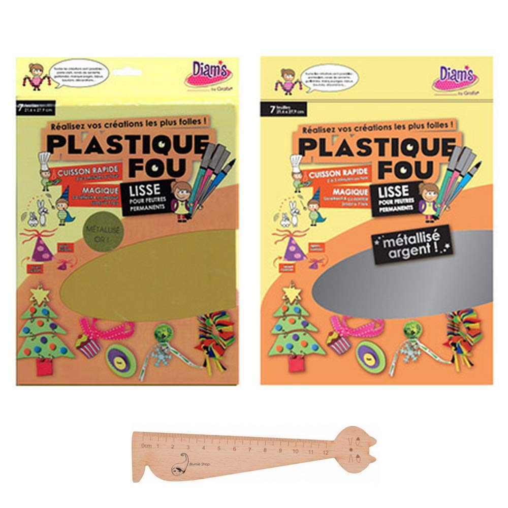 Pack of 2 Crazy Plastic Pouches Diam: Plastic Smooth Metallic Gold + Plastic Smooth Metallic Silver + 1 Ruler Wooden Bookmark Blumie