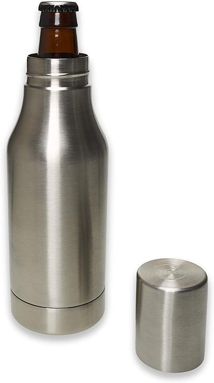 Stainless Steel Beer Bottle Holder - Chilled & Frosty Beer - Fits Most Bottles - Cool To-Go - Insulated Tumbler - Tailgates/Camping/Fishing - Double Wall - Bonus Koozie & Keychain Opener