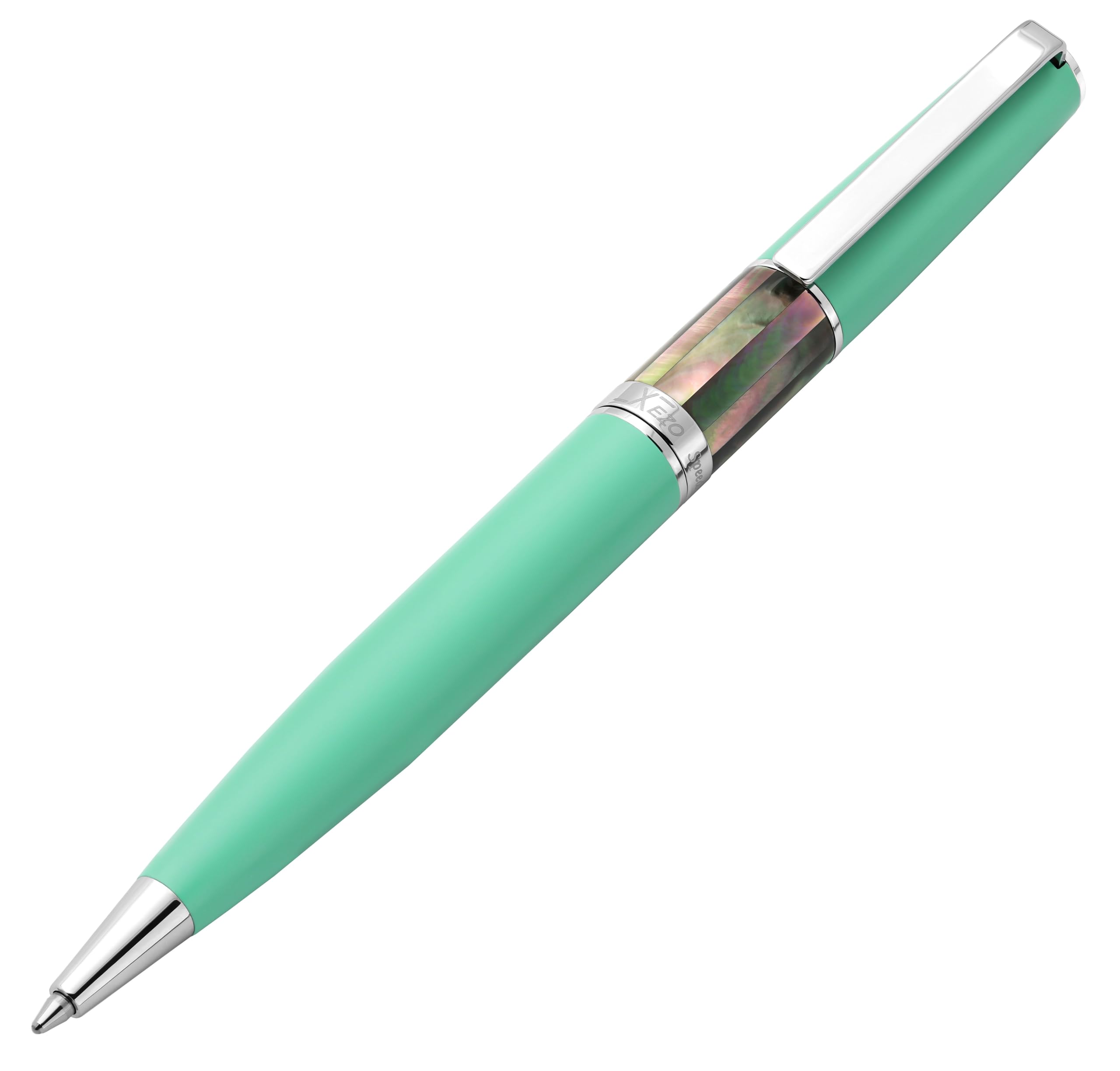 Xezo Speed Master Twist Action Medium Ballpoint Pen. Matte Aqua Green with Tahitian Black Mother of Pearl. Chrome Plated. Lightweight Brass Body. No Two Alike