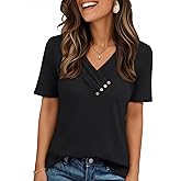 AUTOMET Womens Short Sleeve Tunic Top Spring Summer V Neck Button Shirts 2026 Dressy Casual Business Blouses