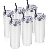 VEGOND Stainless Steel Tumblers Bulk 6 Pack, 20 oz Vacuum Insulated Skinny Tumblers with Lid and Straw, Double Wall Coffee Mug, Travel Water Cup, White
