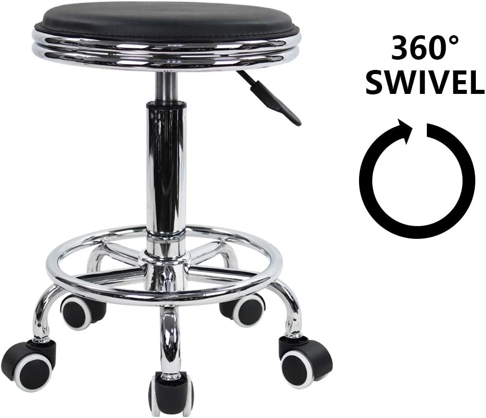 KKTONER Round Rolling Stool with Foot Rest PU Leather Height Adjustment Modern Industrial Metal Style Swivel Spa Salon Tattoo Work Massage Stools Small (Black): Kitchen & Dining