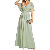 Ever-Pretty Women's Chiffon V-Neck Mother of Bride Dresses A-Line Ruched Short Sleeves Appliques Bridesmaid Dress Formal Gown