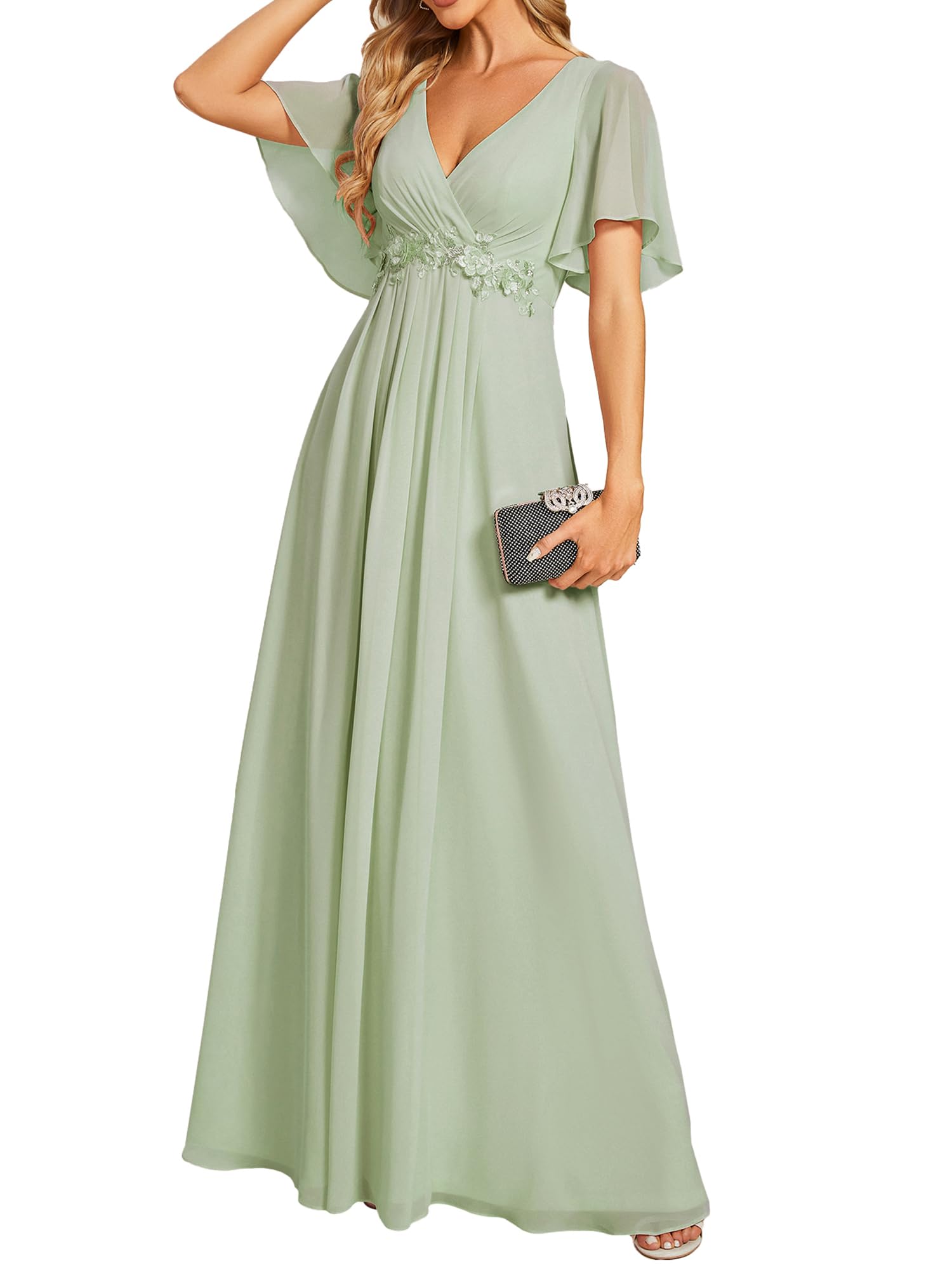 Photo 1 of Ever-Pretty Women's Chiffon A-Line Ruched Short Sleeves Applique Waist V Neck Formal Evening Dresses Mint Green US8