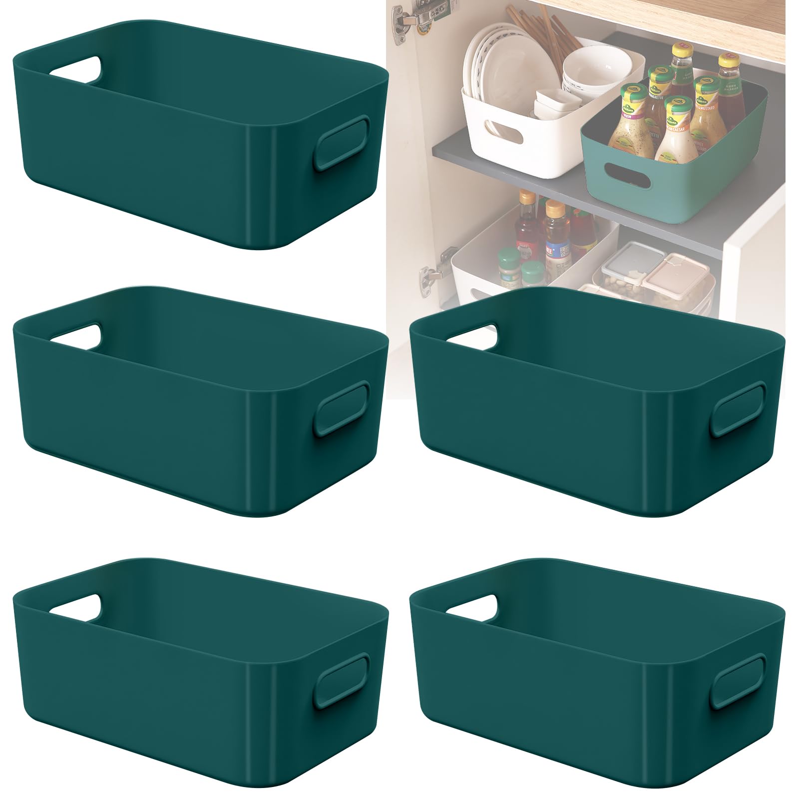 W&H 5 PCS Blue Plastic Storage Boxes, Small Plastic Baskets with Handle, Kitchen Cupboard Boxes, Organiser Baskets for Bathroom, Shelf, Office and Home - 21×14×7cm — image 1