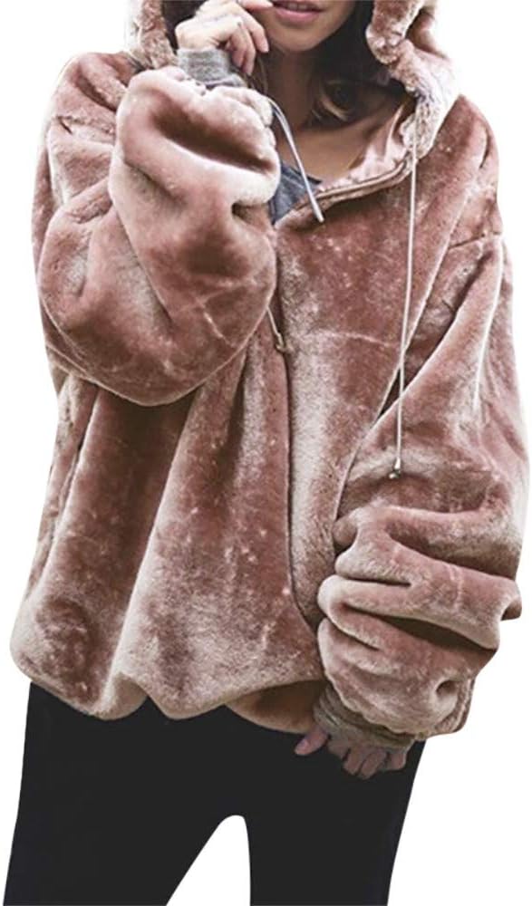 Longra Womens Coat,Ladies Warm Fluffy Faux Wool Zipper Top Hoodie Sweatshirt Loose Hooded Pullover Jumper