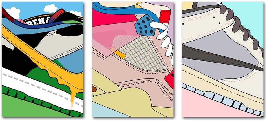PENGDA Shoes Canvas Wall Art for AJ Sports Fashion Air Sneaker Michael Shoes Painting Printed on Canvas for Boys Room Bedroom Living Room Unframed 8.4x12inch Set of 3