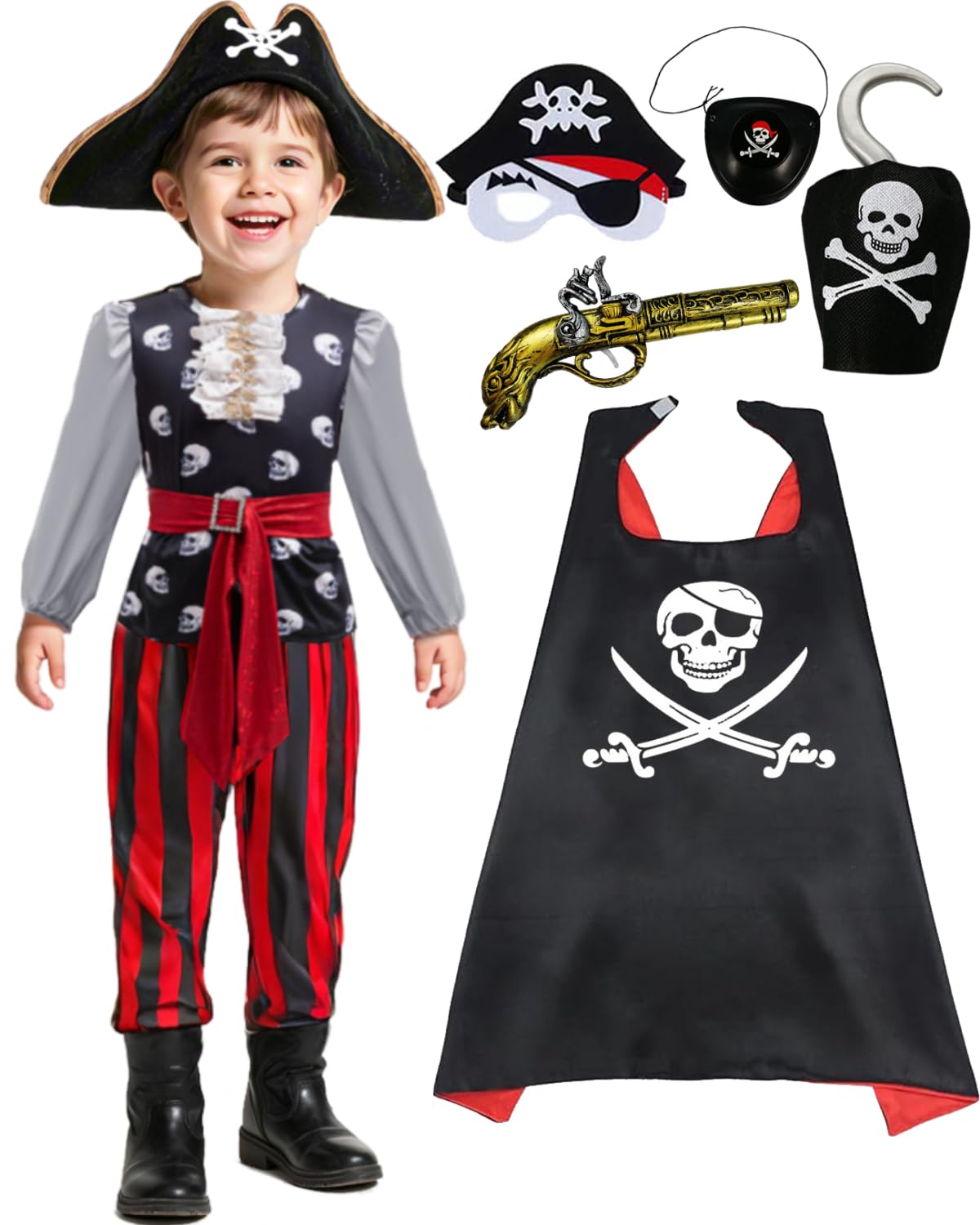 Photo 1 of Verceco 6PCS Kids Pirate Costume for Boys Captain Cosplay Dress Up Set Pirate Outfit with Deluxe Accessories (Black, 120 (5-6years))