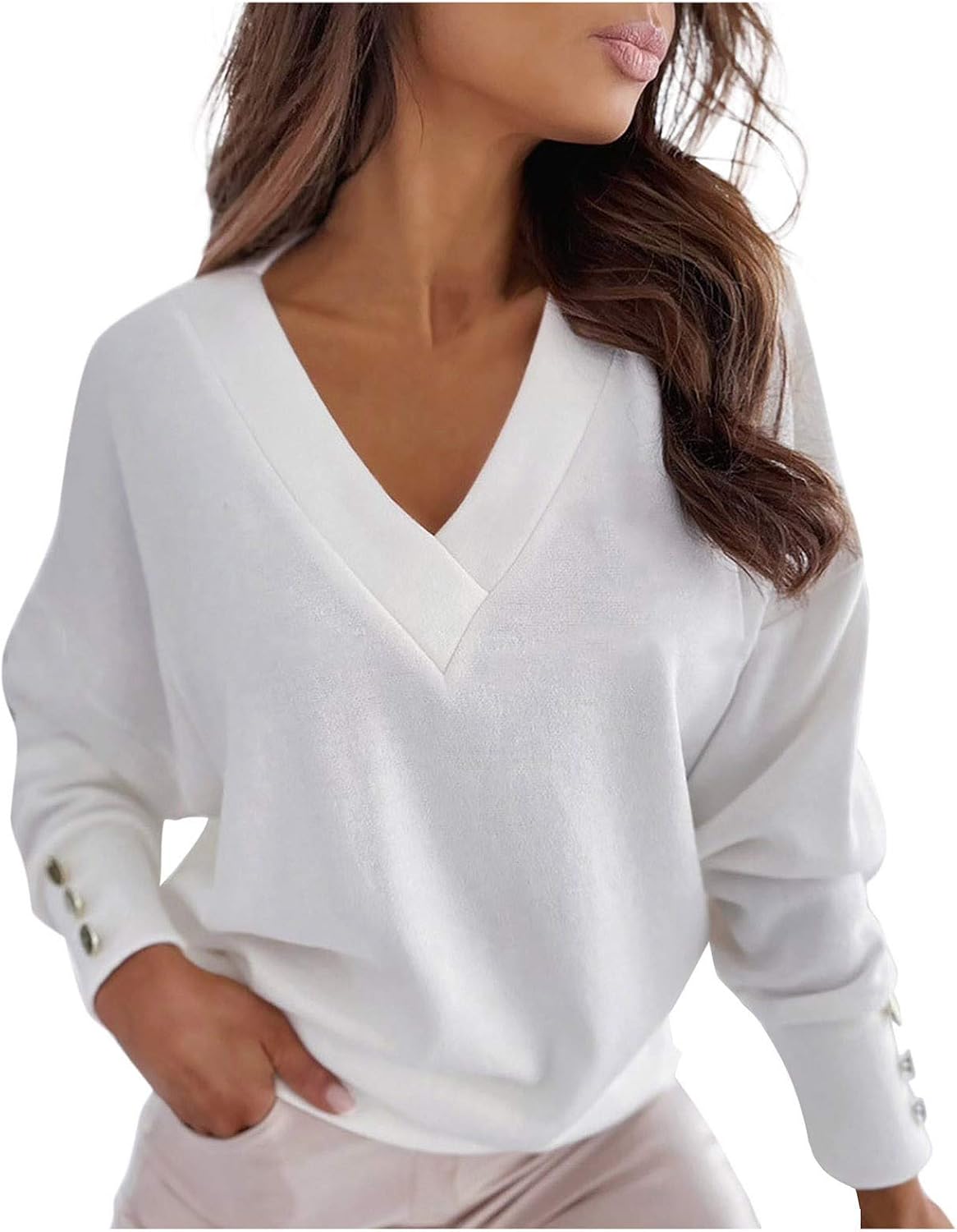 FOTBIMK Pull De Chemise à Manches Longues à Manches Longues Et à Col en V pour Femmes, Sweat