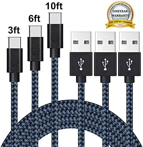 USB Type C Cable, Hopever USB C Cable 3ft 6ft 10ft Nylon Braided USB Type A to C Fast Charger for Macbook, LG G6 V20 G5,Google Pixel, Nexus 6P 5X, Nintendo Switch, Samsung Galaxy S8+, Black and Blue