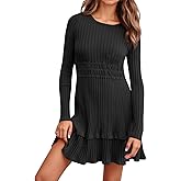 Wenrine Womens Long Sleeve Sweater Dress Casual Ribbed Knit Crewneck A Line Slim Fit Tiered Fall Mini Dresses