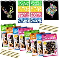 8-Pack Rainbow Scratch Art Notes with 8 Colorful Mini Notebooks, 8 Wooden Styluses, 8 Drawing Stencils, Rainbows Scratchboard Arts & Crafts Kits, Cute Unique Gift Idea for Kids