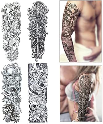 Tatouage Temporaire Pour Homme Femmes Konsait Manchette Tatouage Tattoo Noir Body Tattoo Sticker Bras Tatouages éphémères Lion Crâne Mort Rose 4
