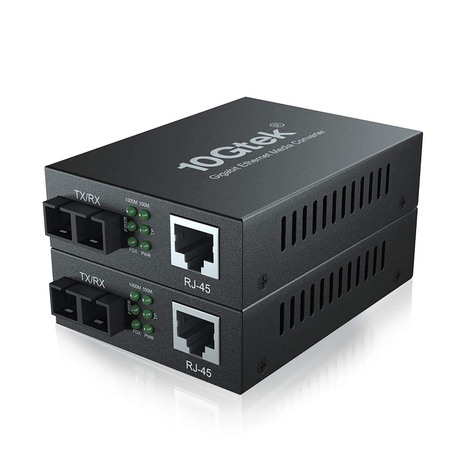 [2 Pack] 10Gtek Gigabit Ethernet Media Converter SC Singlemode 20km with a European Power Adapter, 1.25Gb/s, Single-mode SC Fiber, 1000Base-LX to 10/100/1000Base-Tx