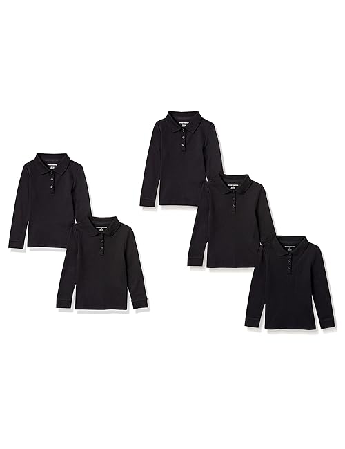 Amazon Essentials Girls' Long-Sleeve Interlock Polo Shirts, Pack of 5, Black, Medium