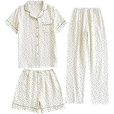codcm Womens 3pcs Cotton Pajamas Set Short Sleeve Sleepwear Fruit Print Cute Pj Set with Long Pants