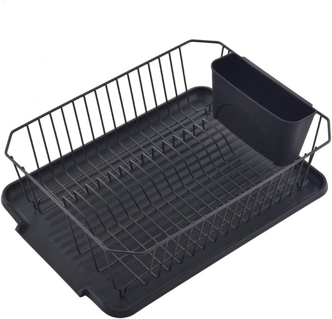 ENGELCH Rust-Proof Black Kitchen Draining Dish Rack, Metal Dish Drying Rack With Black Plastic Drain Board, 1 Wide Tableware Rack and Knife Holder Accessory