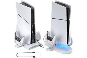 NANANINO PS5 Slim Stand, PS5 Slim Charging Station with Cooling Fan, Dual Controller Charger Station with RGB Light for DualSense/Edge, Cooling Stand for PS5 Slim Digital/Disc (NOT for The Original PS5)