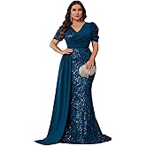 BluePlum Elegant Women’s Formal Dress Wedding Guest Puff Sleeve Mermaid Ball Gowns Court Train Plus Size Sequin Long Dresses