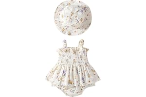 Yabijiojio Baby Girl Clothes Summer Dress Cotton Linen Romper Sleeveless Smocked Rompers Sun Dress with Hat Boho Outfits