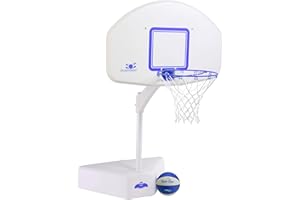 DUNNRITE Dunn-Rite Splash & Shoot Outdoor Adjustable Height Swimming Pool Basketball Hoop w/Ball, Base, & 18 Inch Stainless Steel Rim for Adults & Kids, Choose Clear or White (White & Blue)
