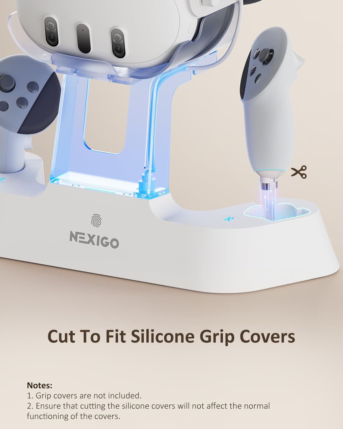 NexiGo Enhanced Charging Dock for Meta Quest 3 and 3S, with LED Light [On/Off], [Support Elite Strap with Battery], Headset Display Holder and Controller Mount, Rechargeable Batteries, White