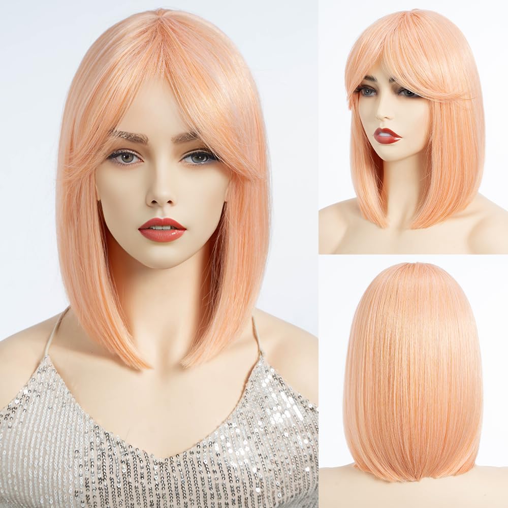 DÉBUT Straight Bob Hair Orange Pink Wig With Fringe for Women Heat Resistant Synthetic Glueless Lace Wigs with Bangs for Daily Party Cosplay Wear（10 inches, TFC22）