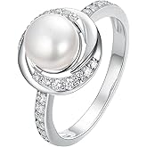 kissdove White Pearl Sterling Silver Ring with AAAAA Cubic Zirconia 18K White Gold Plated Elegant Jewelry Gift for Women - Available in Sizes 6 7 8 Ideal for Mother’s Day Birthdays and Anniversaries