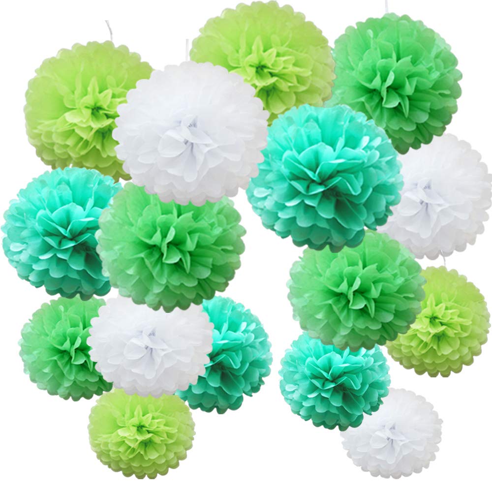 Time to Sparkle 16pcs Mix Tissue Paper Pompoms Pom Poms Flower Handmade Wedding Party Decorations Balls, Green Shade