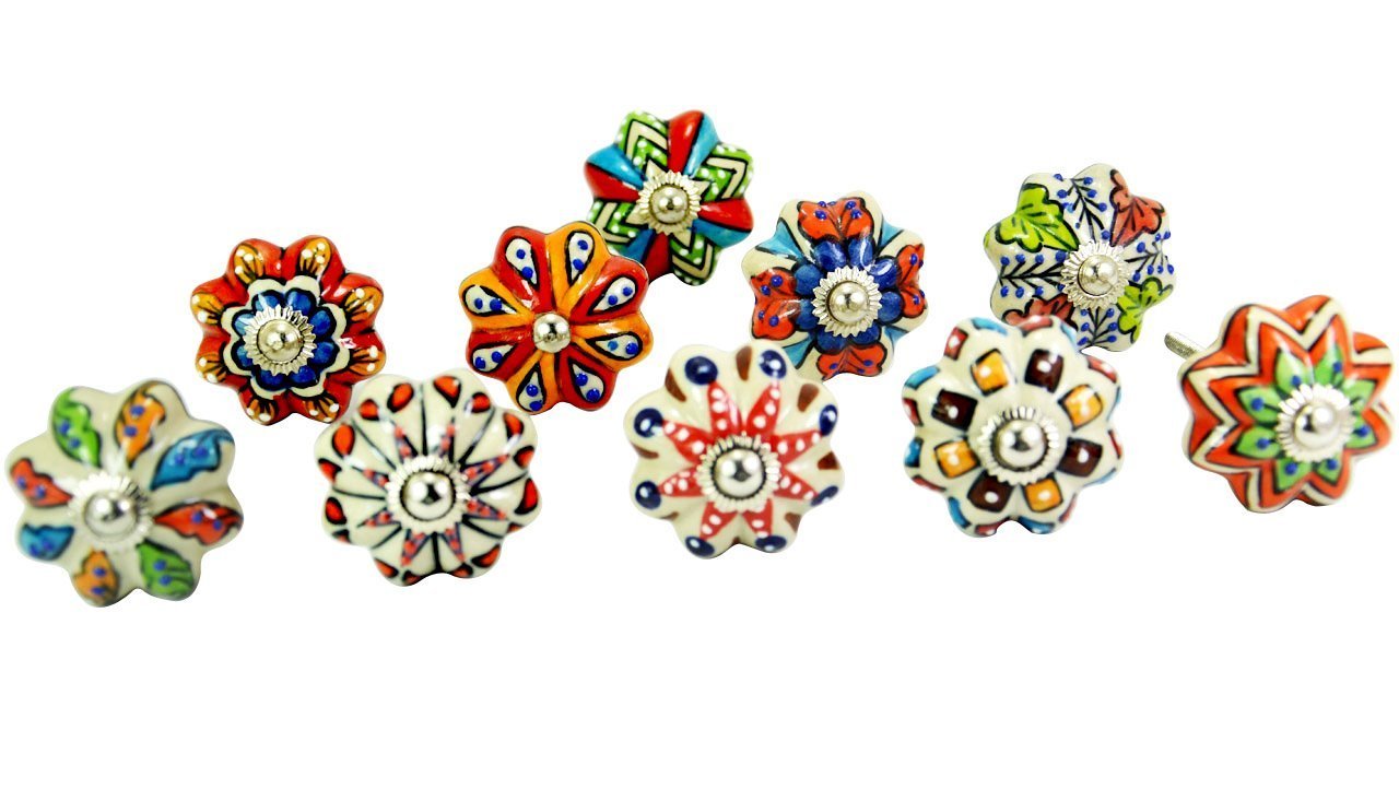 Dorpmarket Dotted Mix Color Multi Designed Ceramic Cupboard Cabinet Door Knobs Drawer Pulls & Chrome Hardware 10 Pieces