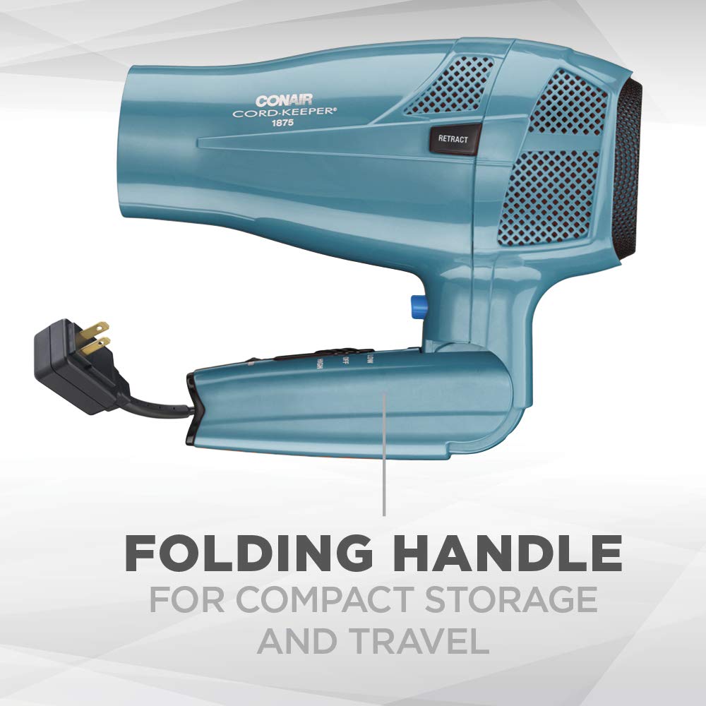 Conair 1875 Watt Cord Keeper Hair Dryer with Folding Handle and Retractable Cord, Travel Hair Dryer, Teal: Beauty