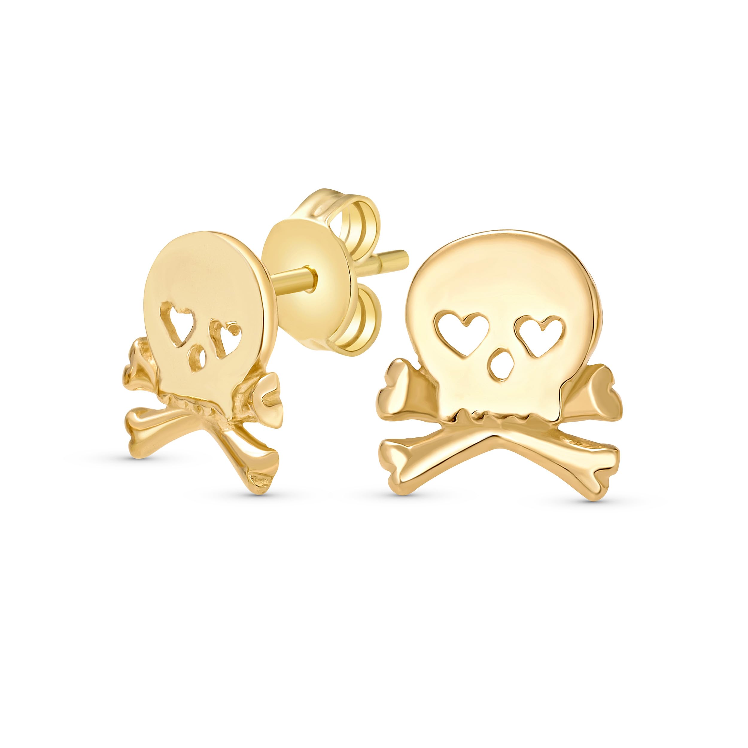 Whimsical Sweet Small Heart Eyes Caribbean Pirate Skull & Crossbones Stud Earrings For Women Teen Yellow Gold Plated .925 Sterling Silver
