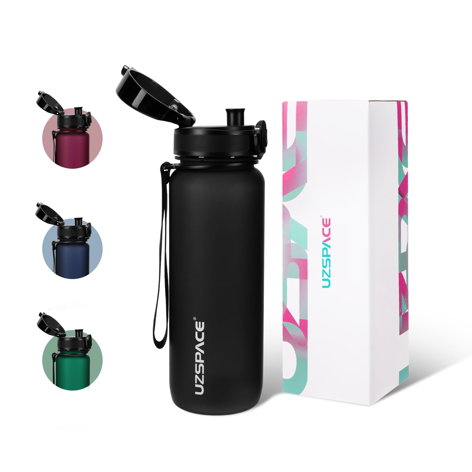 UZSPACE Sports Water Bottle with Strainer - BPA Free Drinking Bottles for Adults - Gym Water Bottle 800ml with Capacity Scale - Daily Water Intake Bottle for School or Fitness & Outdoors Black