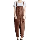 KMAZN Women's Casual Loose Long Cotton Bib Overalls Baggy Plus Size Jumpsuits Rompers