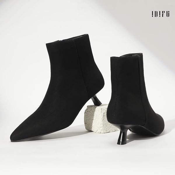 IDIFU BLACK ANKLE BOOTS FOR WOMEN LOW SHORT KITTEN HEEL BOOTIES DETACHABLE METAL STRAP ZIPPER CLOSED POINTED TOE FALL LADIES BOOTIES CUTE TRENDY STYLISH FASHION DRESSY BOOTS(BLACK SUEDE, 9.5)