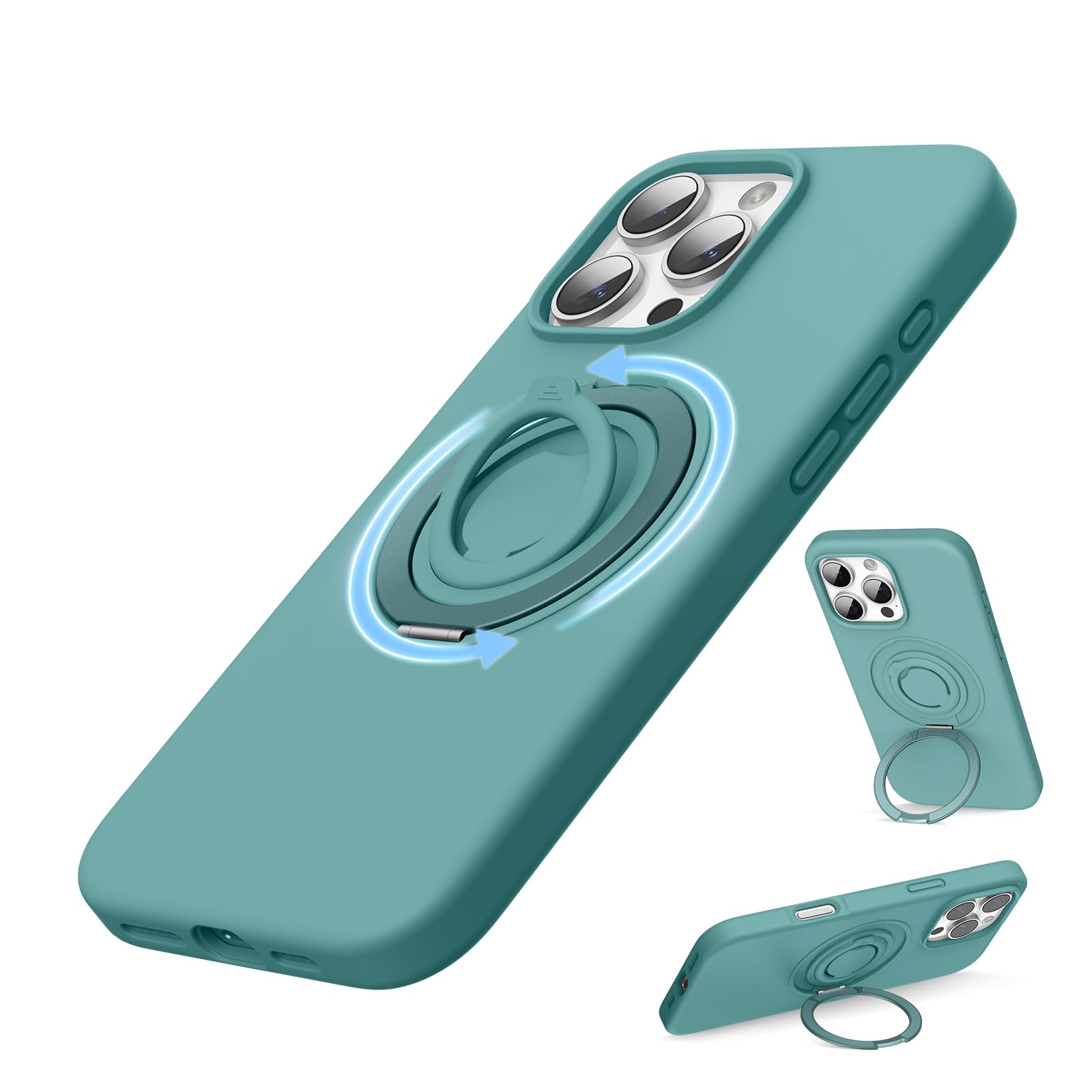SURPHY Design for iPhone 16 Pro Case, with 360° Rotatable Magnetic Stand & Finger Ring, Liquid Silicone Phone Case for iPhone 16 Pro 6.3 inch 2024, Green