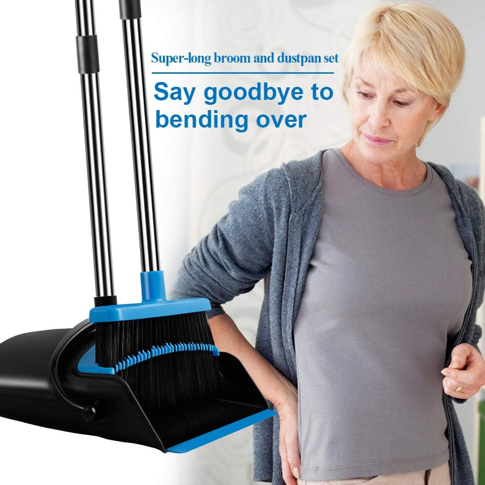 UDAODFA Premium Dustpan And Cleaning Broom Combination Of Stainless Steel Extra Long Handle Broom Is Easy To Clean And Assemble, Durable And Foldable For Home, Room, Office, Lobby Use (Black And Blue): Kitchen & Dining