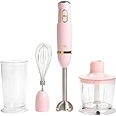 Paris Hilton Hand Blender Set, 3-in-1 Immersion Blender with Whisk, Blending &amp; Chopper Attachments, 400W High Speed, Pink with Gold Accents, Handheld Blender for Smoothies, Soups, Sauces, Cream, Pink