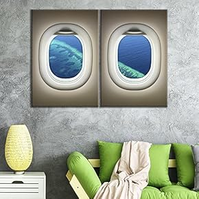 2 Panel Canvas Wall Art - Brown Plane Window Looking into The Ocean - Giclee Print Gallery Wrap Modern Home Art Ready to Hang - 16"x24" x 2 Panels