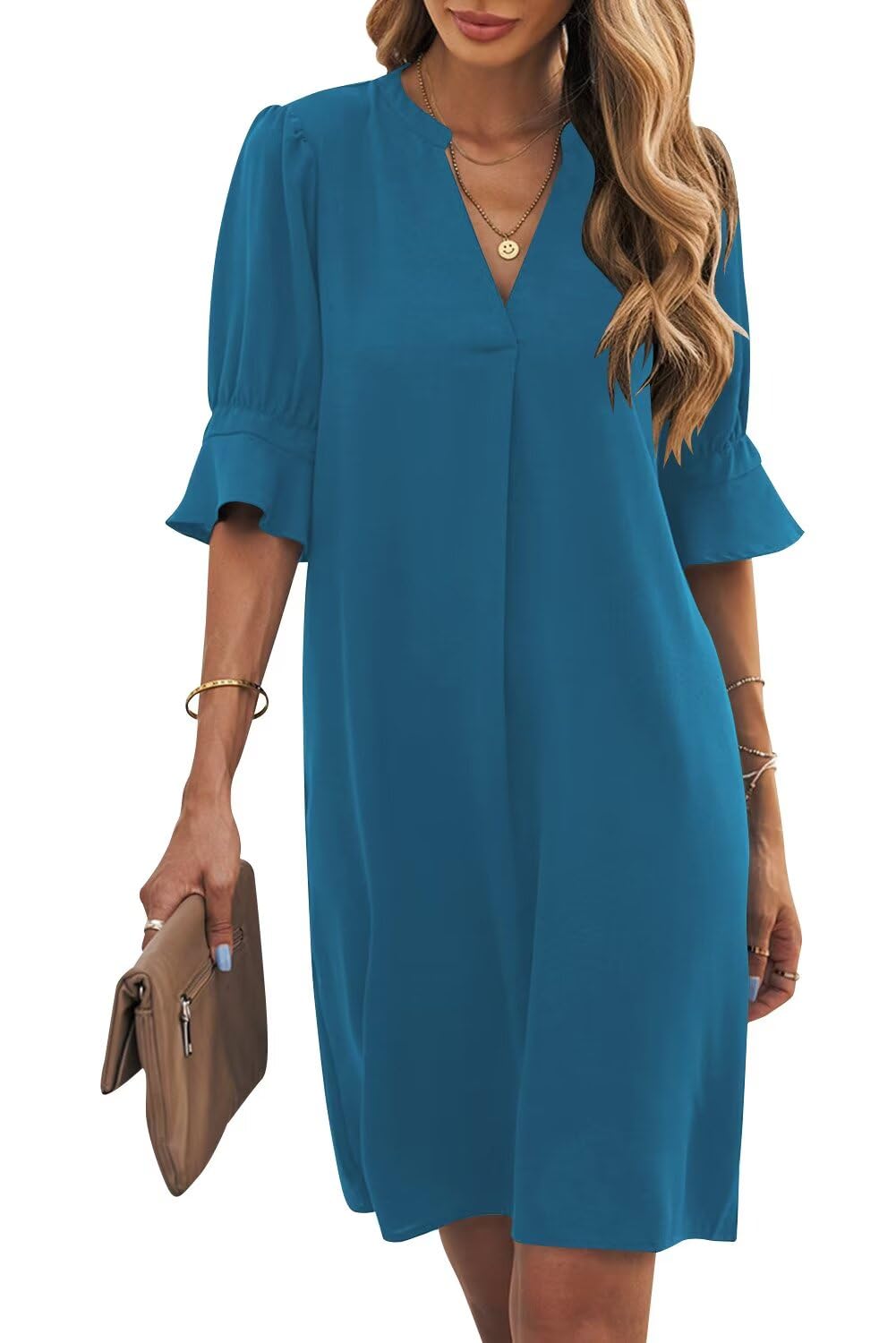 Photo 1 of Wkior Women's Shift Dresses Elegant Summer V Neck Casual Flowy Swing Dress Indigo S