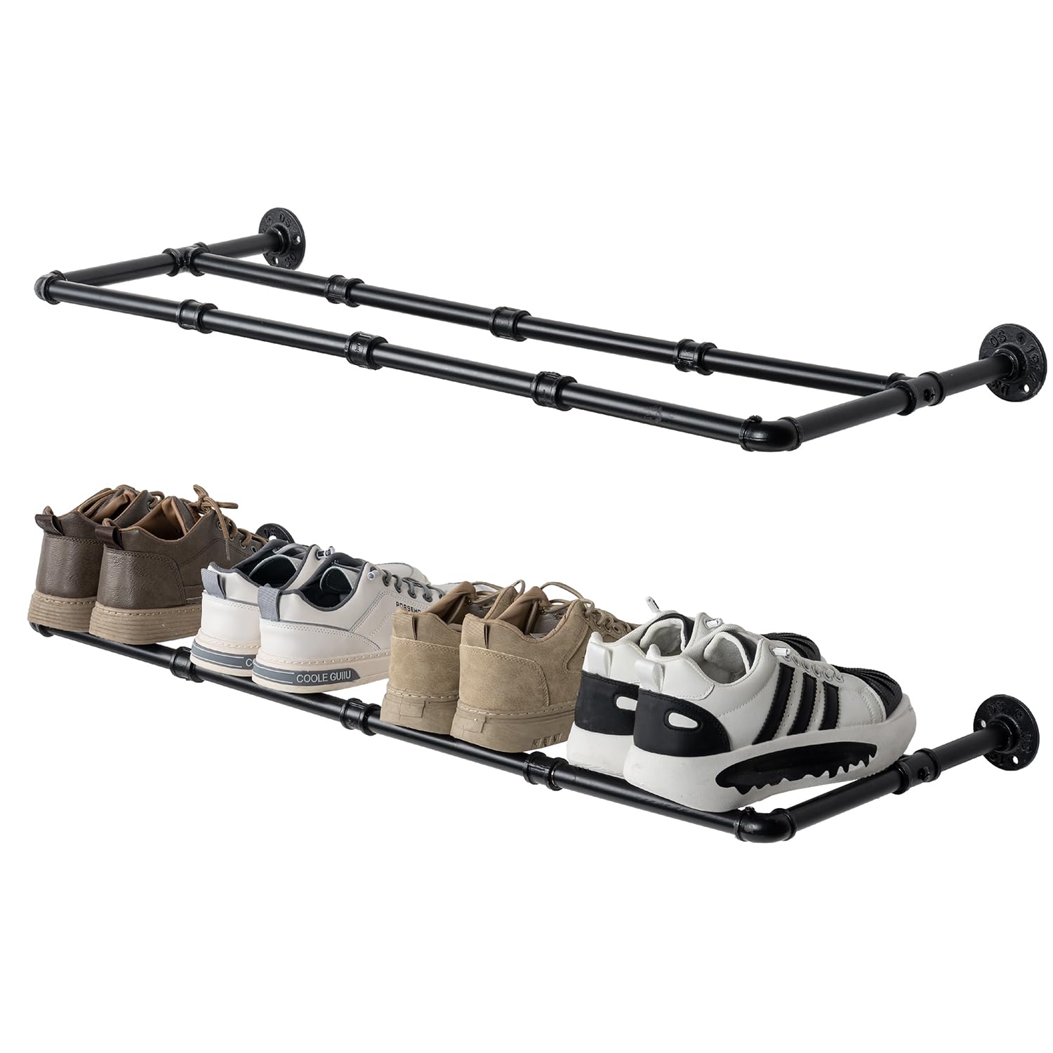 Photo 1 of MyGift Industrial Matte Black Metal Pipe Hanging Shoe and Boot Rack Organizer Shelf, Wall Mounted Space Saving Footwear Storage Shelves for Closet, Mudroom, Entryway, Set of 2, Holds 8 Pairs