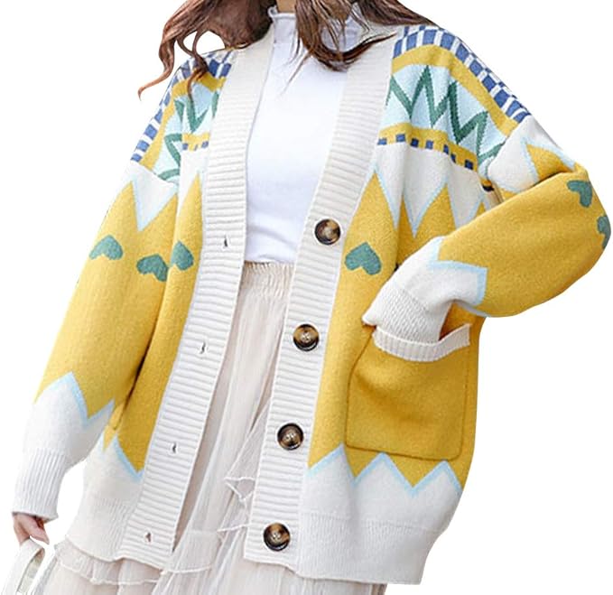 Amazon アイカ ノルディック柄 ゆったりシルエット ニット カーディガン 長袖 ロング丈 厚手 レディース 1サイズ M L相当 イエロー系 カーディガン ボレロ 通販