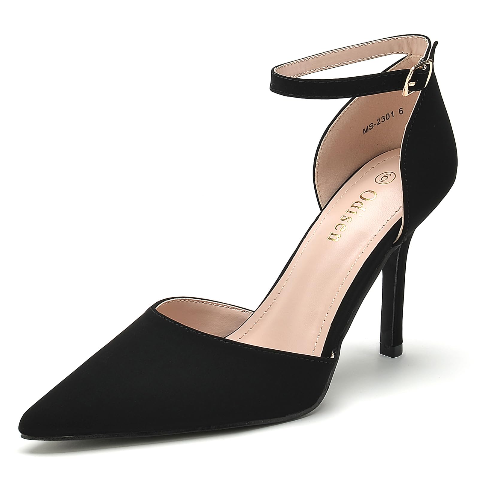 Odisen Women's Black Heels Closed Toe Pointed Toe Ankle Strap Stiletto Pumps Dress Shoes, Black Nubuck 9.5 Image